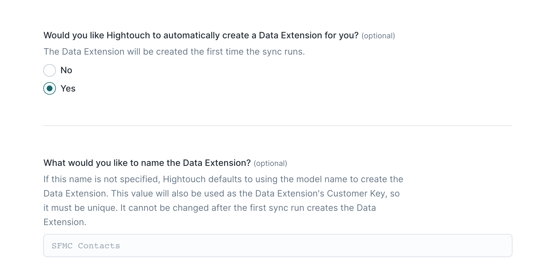 Data extension configuration in the Hightouch UI