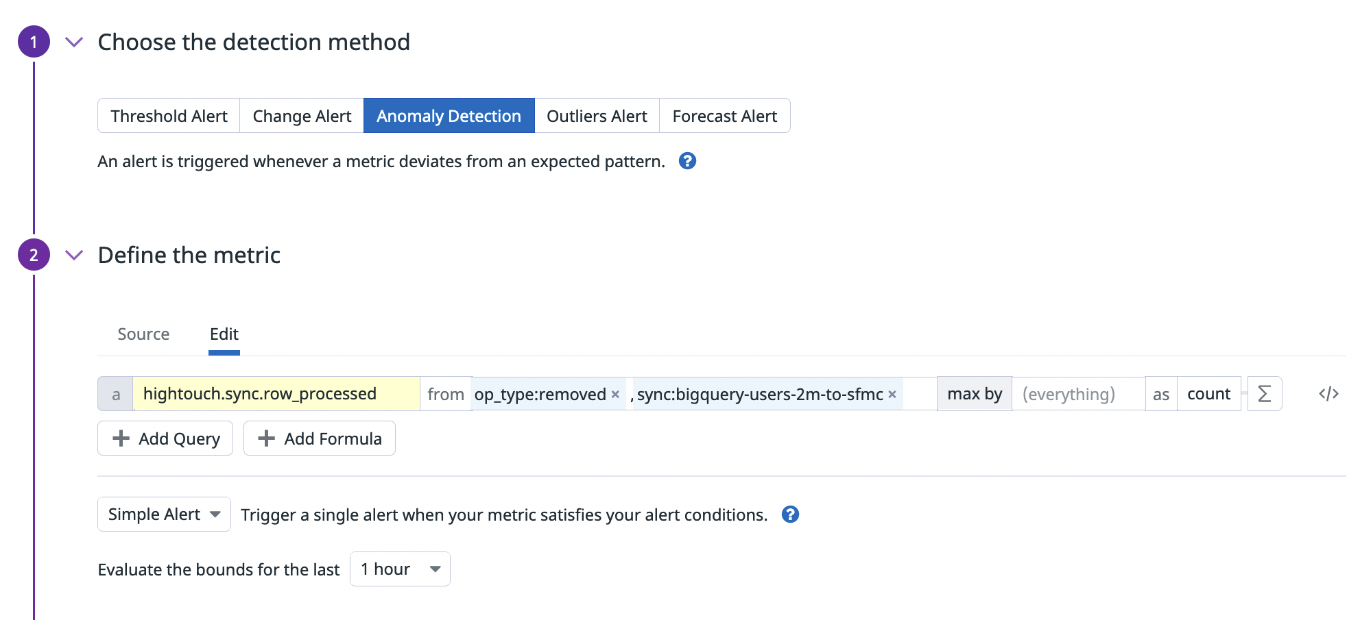 Datadog metric monitor configuration