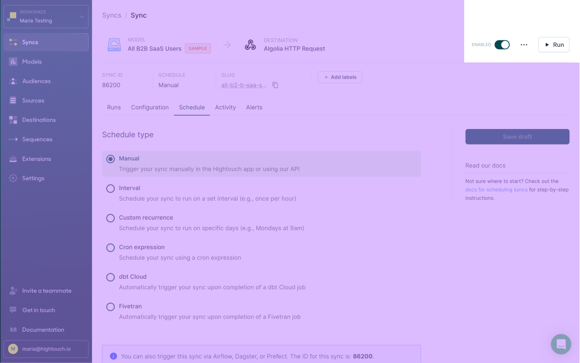 Running a sync manually in the Hightouch UI